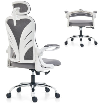 HOLLUDLE Ergonomic Office Chair with Foldable Backrest Computer Desk Chair with Flip-up Armrests Mesh Lumbar Support and 2D Headrest Big and Tall Office Chair White